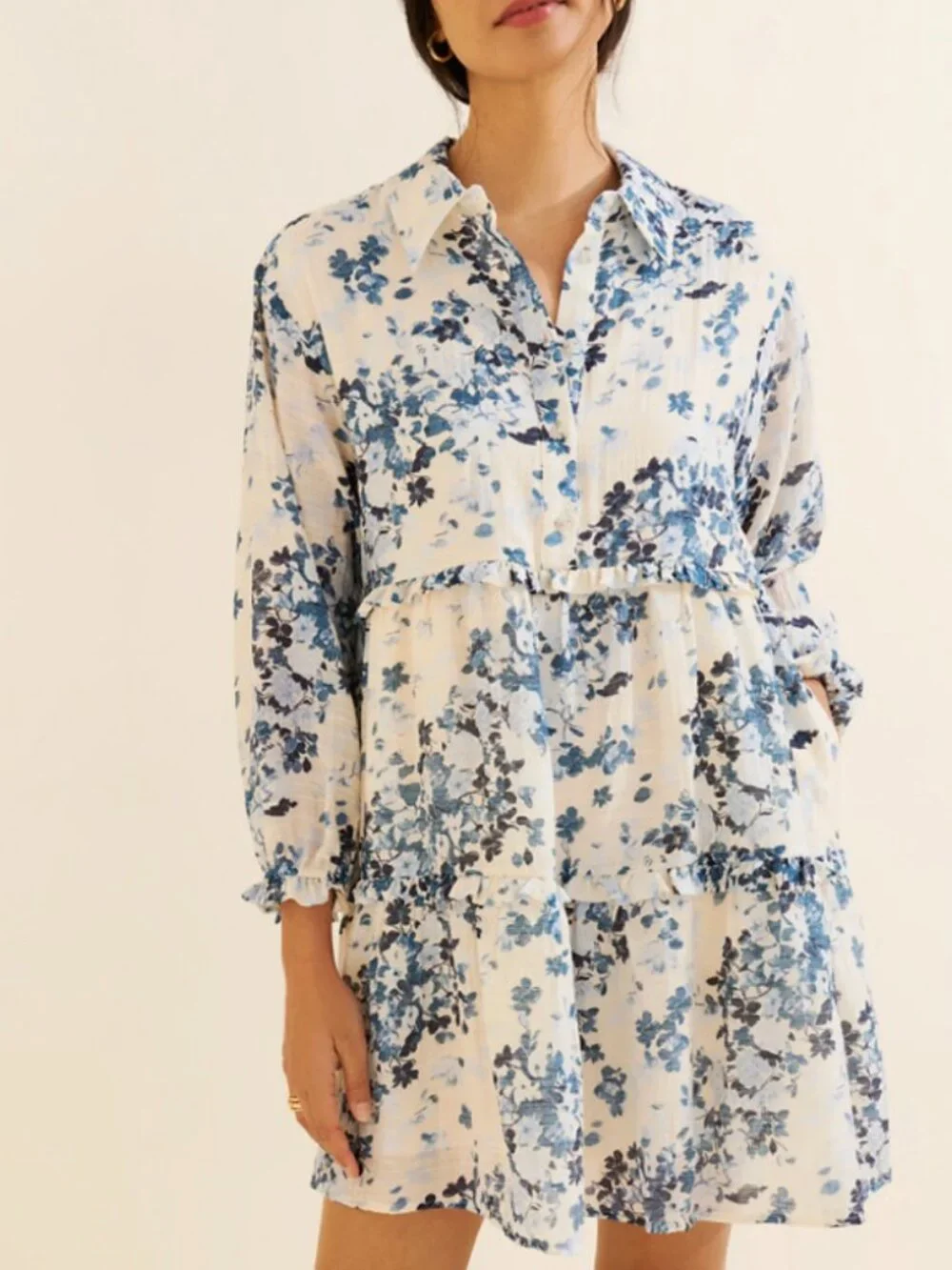 Anthropologie Maeve Bettina Ruffle Mini Dress XL Blue Floral Button Front